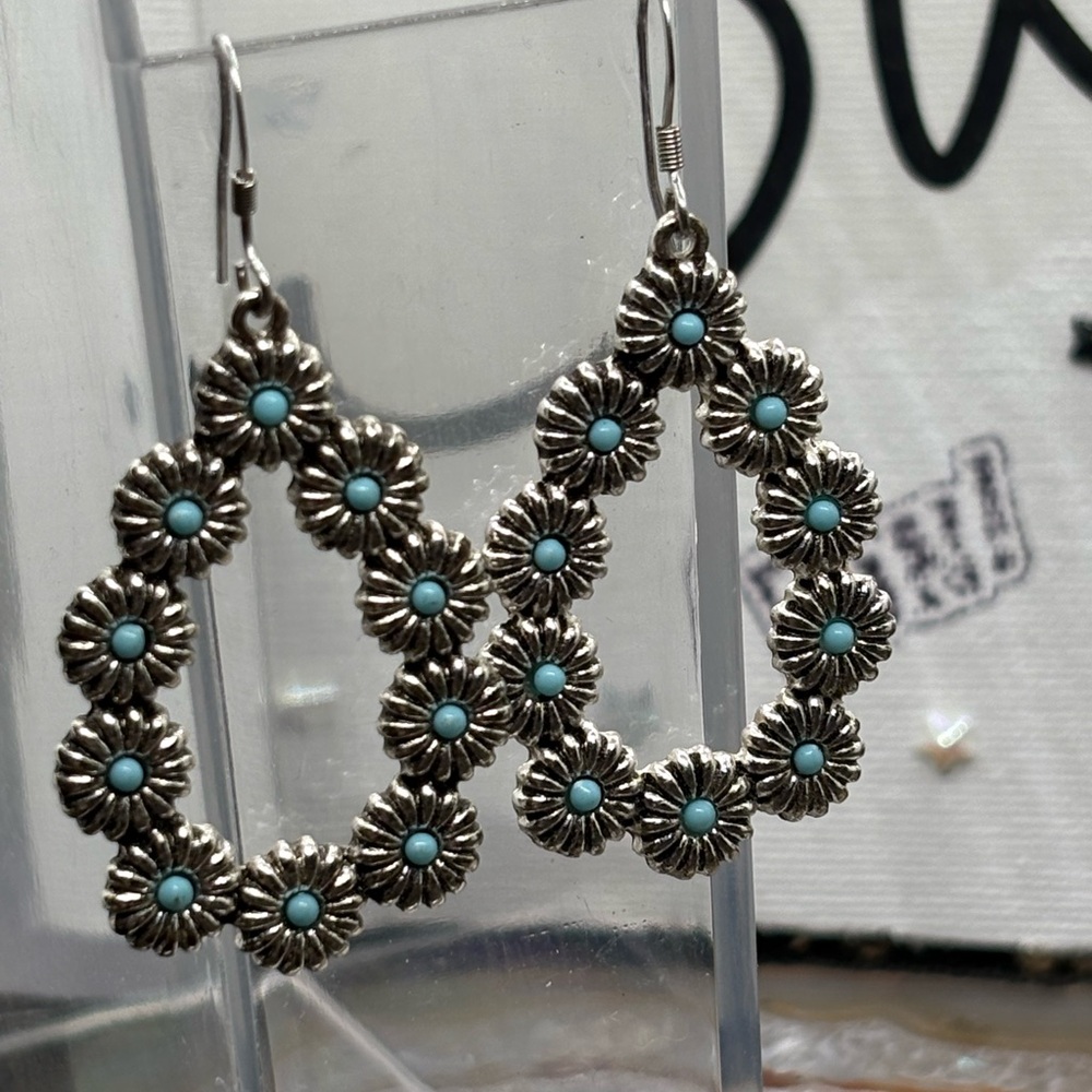 Silver and Turquoise Floral Drop Earrings